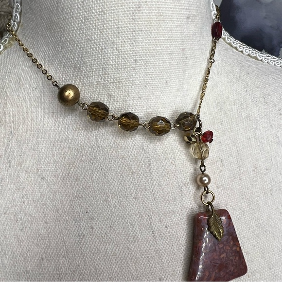 Handmade vintage and new pieces mixed up-cycled necklace with real stone pendant - Picture 7 of 13
